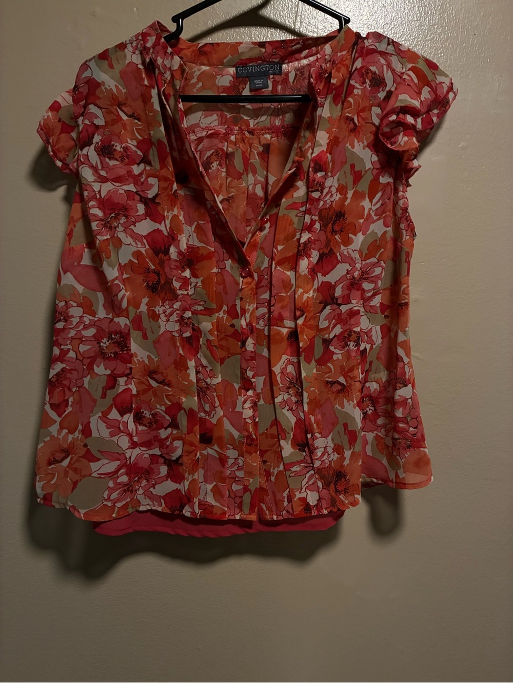 Covington Orange and Pink Floral Cap-Sleeve Blouse